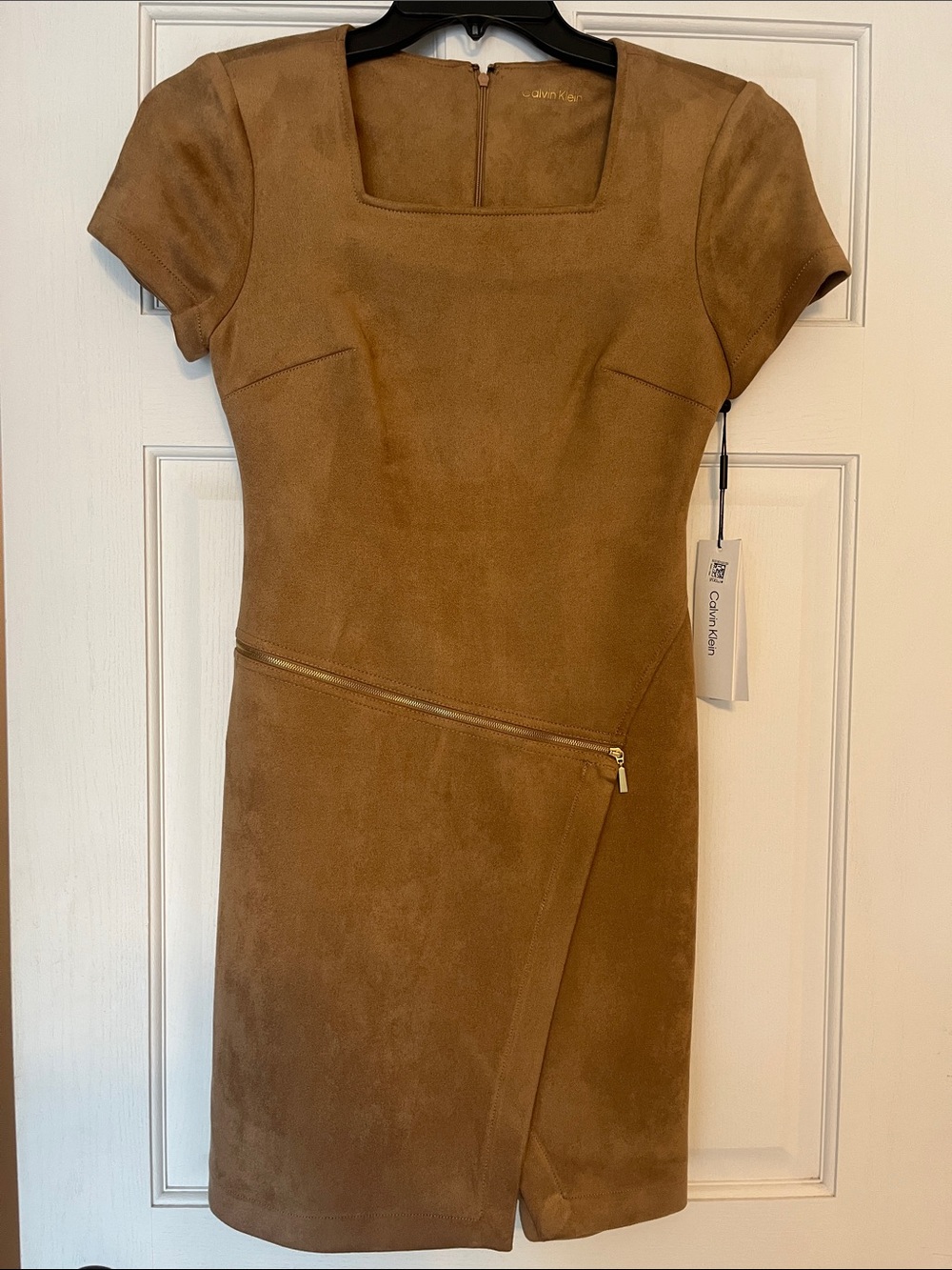 Calvin Klein Tan Faux-Suede Square-Neck Mini Dress with Diagonal Zip